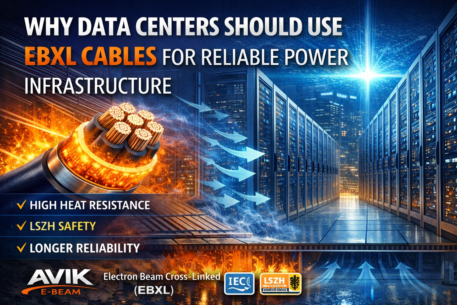 EBXL electron beam cross linked power cable used in high density hyperscale data centers for heat resistant infrastructure.